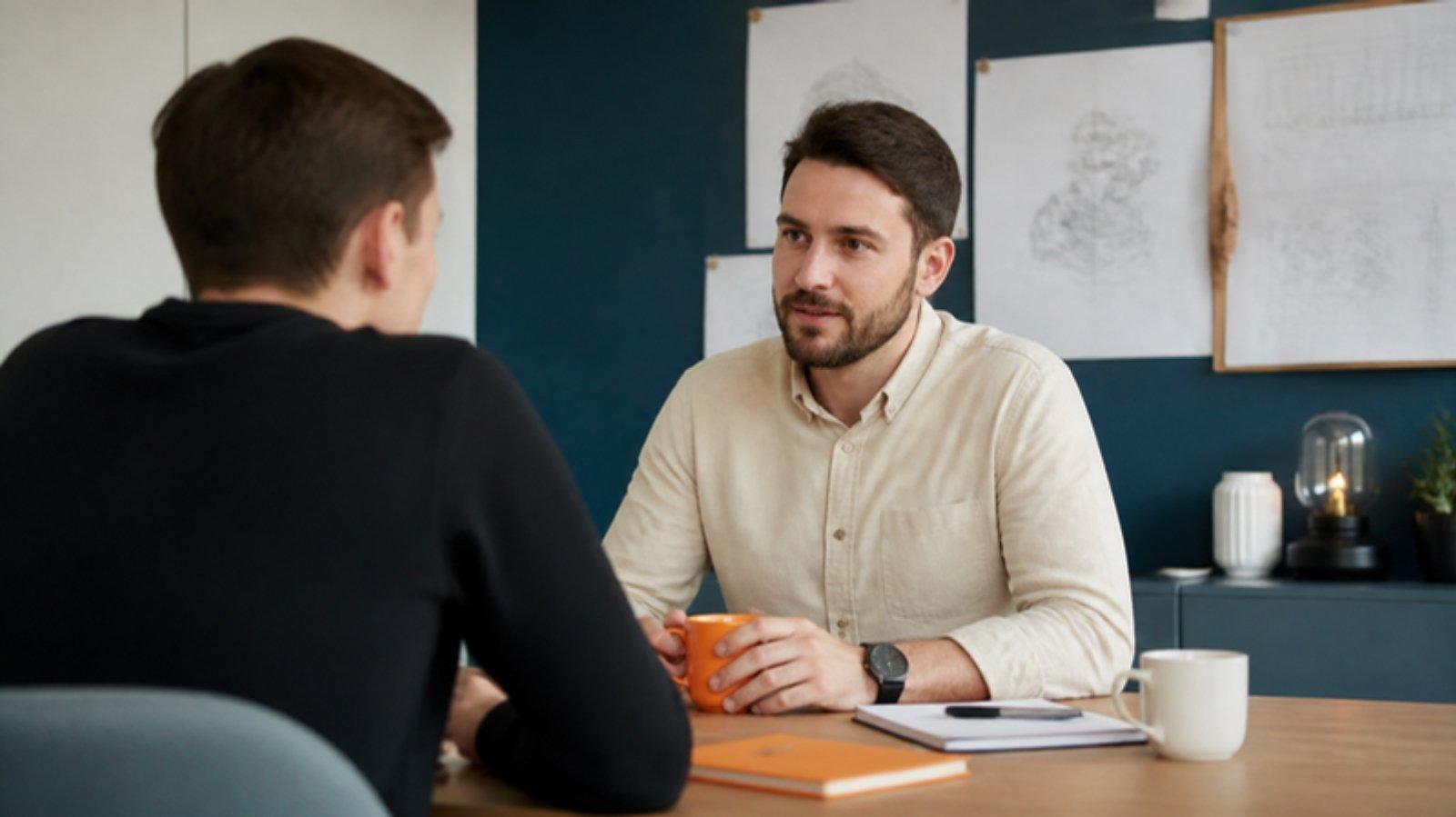 An engineering manager in a one-to-one conversation with a member of his team